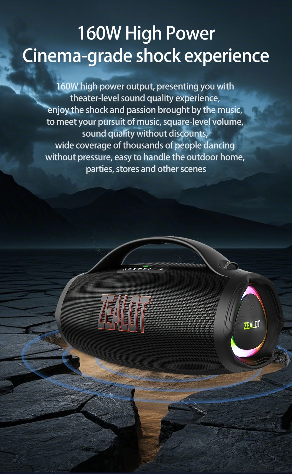 ZEALOT 160W Large Speaker, Wireless Speakers with Subwoofer, 60 Hours Playtime, 36000Mah Battery, Fast Charging, Water Resistance, Dual Pairing, Booming Bass. Charging Cable, Connect with Mobile Phone/Tv. for Home, Car, Outdoor, Camping