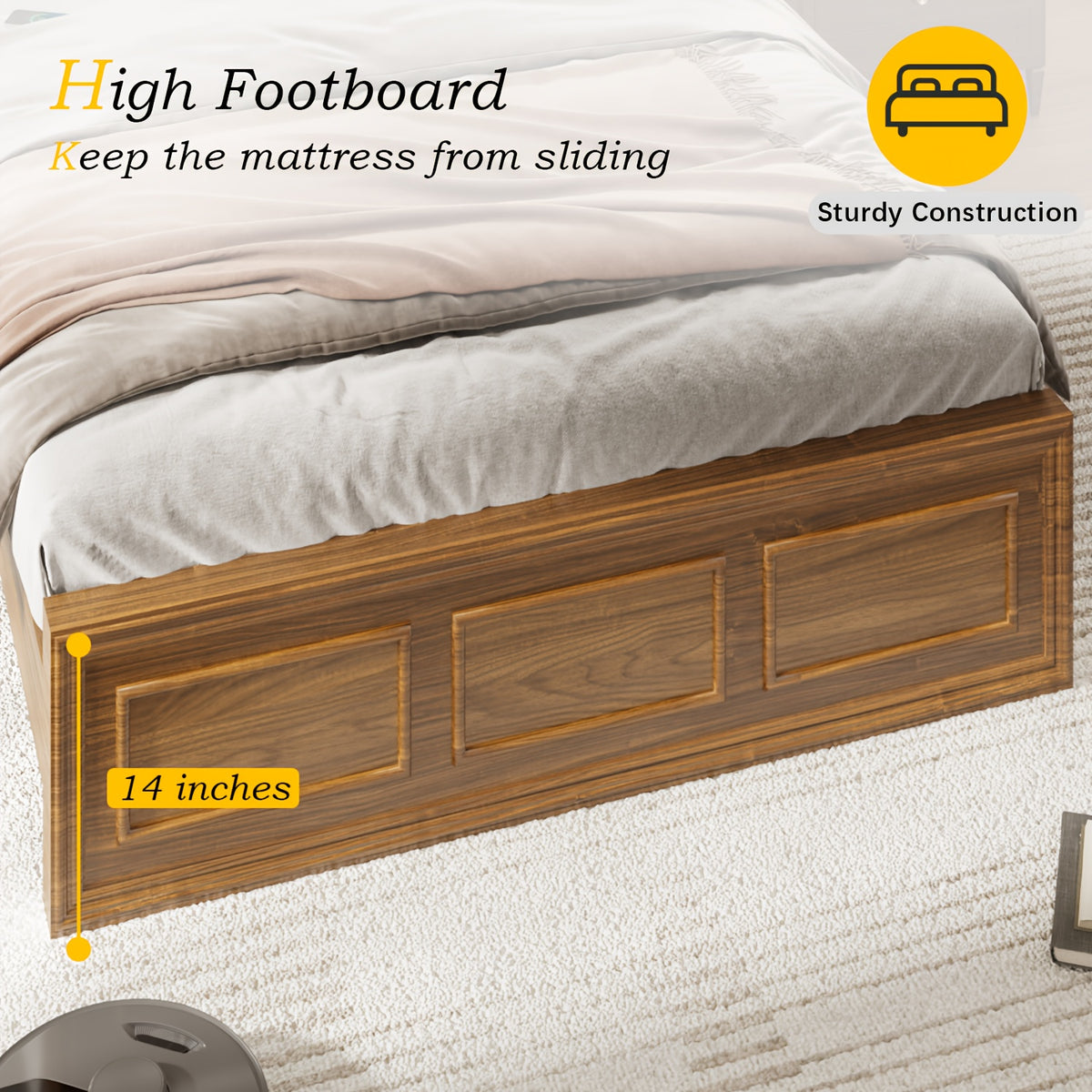 Platform Bed Frame with Headboard, Farmhouse Style, Height Adjustable, Brown and White