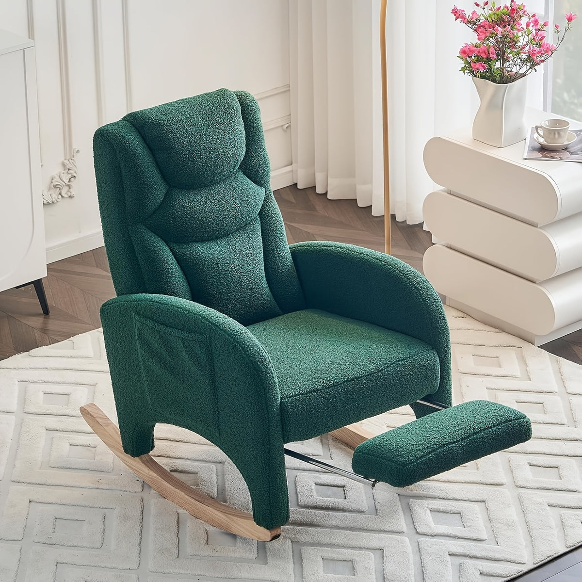 Rocking Chair Nursery, Modern Glider Chair with Adjustable Footrest And Solid Wood Legs, High Backrest Nursery Chair with Side Pocket, Rocker Armchair for Living Room Bedroom