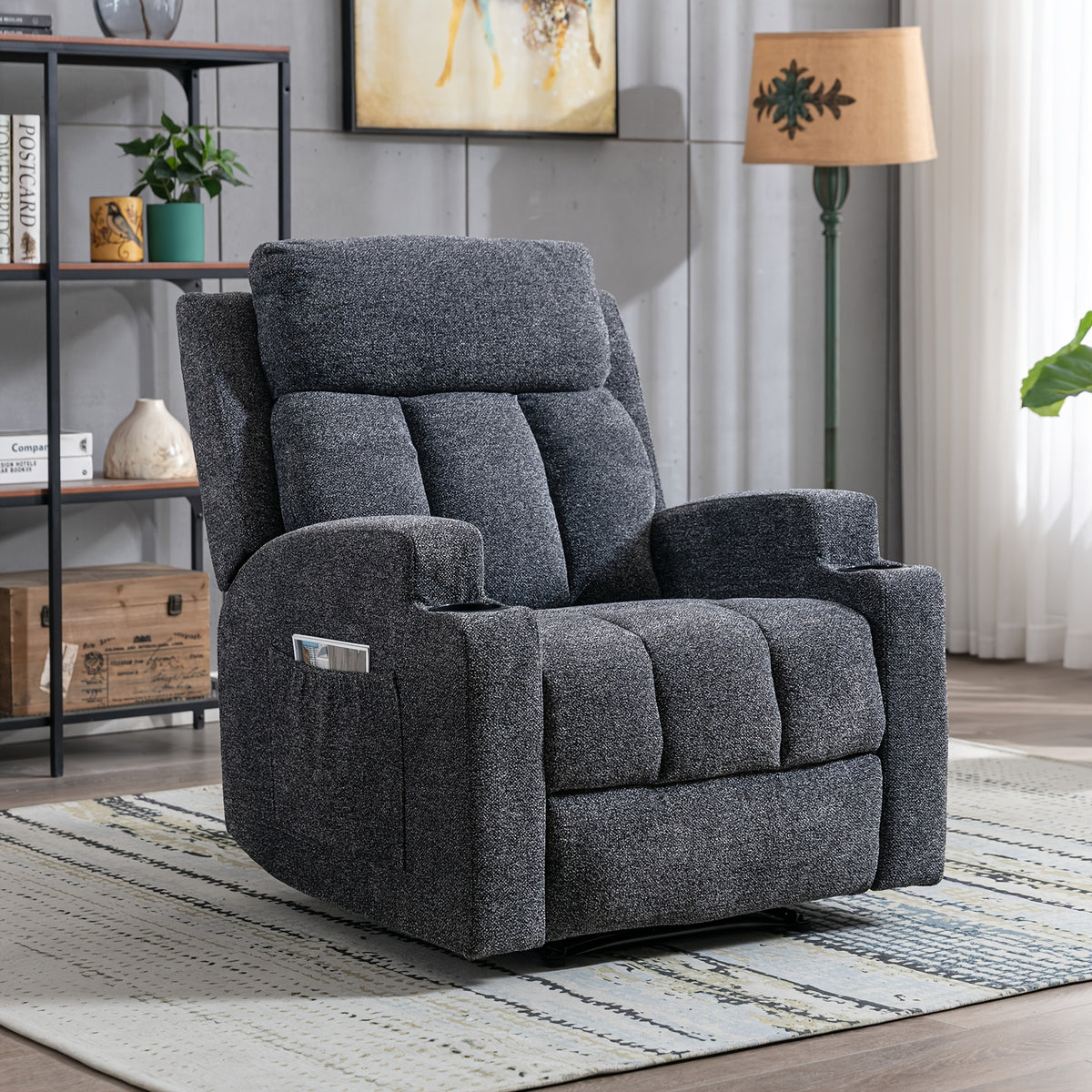 Manual Recliner Chair with Massage And Heat Ergonomic Overstuffed Breathable Fabric Reclining Chair with 2 Side Pockets, 2 Cup Holders, Remote Control, for Game & Recreation Room Furniture