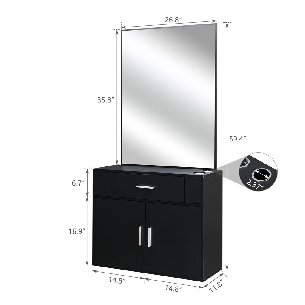 Wall-Mounted Salon Station for Hairdressing, Featuring a Mirror, One Drawer, One Storage Cabinet, And Two Hairdryer Holders, Suitable for Beauty Salons, Personal Studios, And Hair Salons - Black