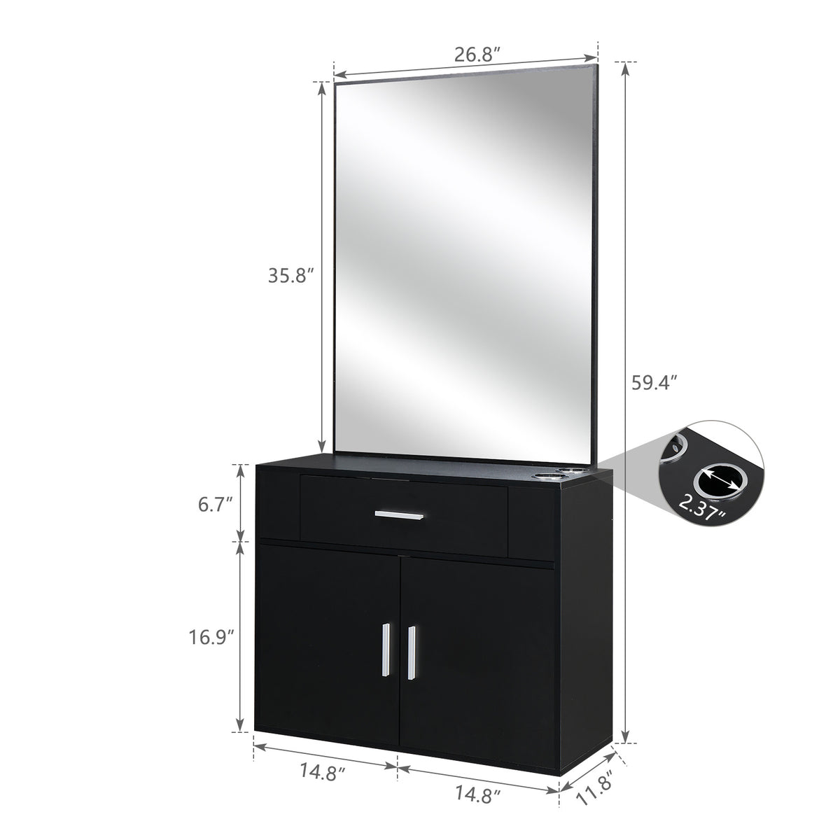 Wall-Mounted Salon Station for Hairdressing, Featuring a Mirror, One Drawer, One Storage Cabinet, And Two Hairdryer Holders, Suitable for Beauty Salons, Personal Studios, And Hair Salons - Black