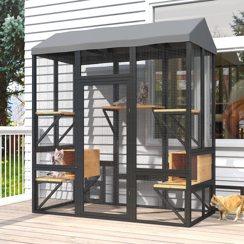 Large Cats House, Black Catio Outdoor Cat Enclosure, Cat Catio for Mulitiple Cats Walk In with Cover And Sunshine Roof, Pet Cage with 7 Platforms And 2 Resting Box, 72 Inch