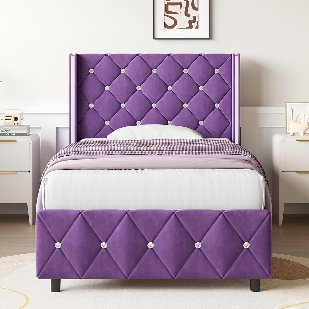 Twin Full Queen King Size Bed Frame, Upholstered Bed Frame with Diamond Tufted Headboard, Modern Silvery Side Wing Back, No Box Spring Needed, Easy Assembly, Purple, Black, Blue, Green, Pink, White