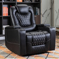 Power Recliner Chair with USB Ports And Cup Holders - Overstuffed Electric Home Theater Seating Faux Leather Reclining Furniture with Hidden Arm Storage, Easy to Clean (Black)