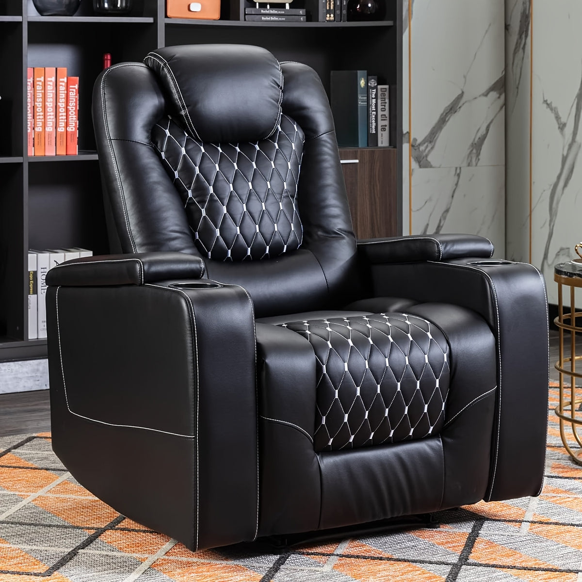 Power Recliner Chair with USB Ports And Cup Holders - Overstuffed Electric Home Theater Seating Faux Leather Reclining Furniture with Hidden Arm Storage, Easy to Clean (Black)