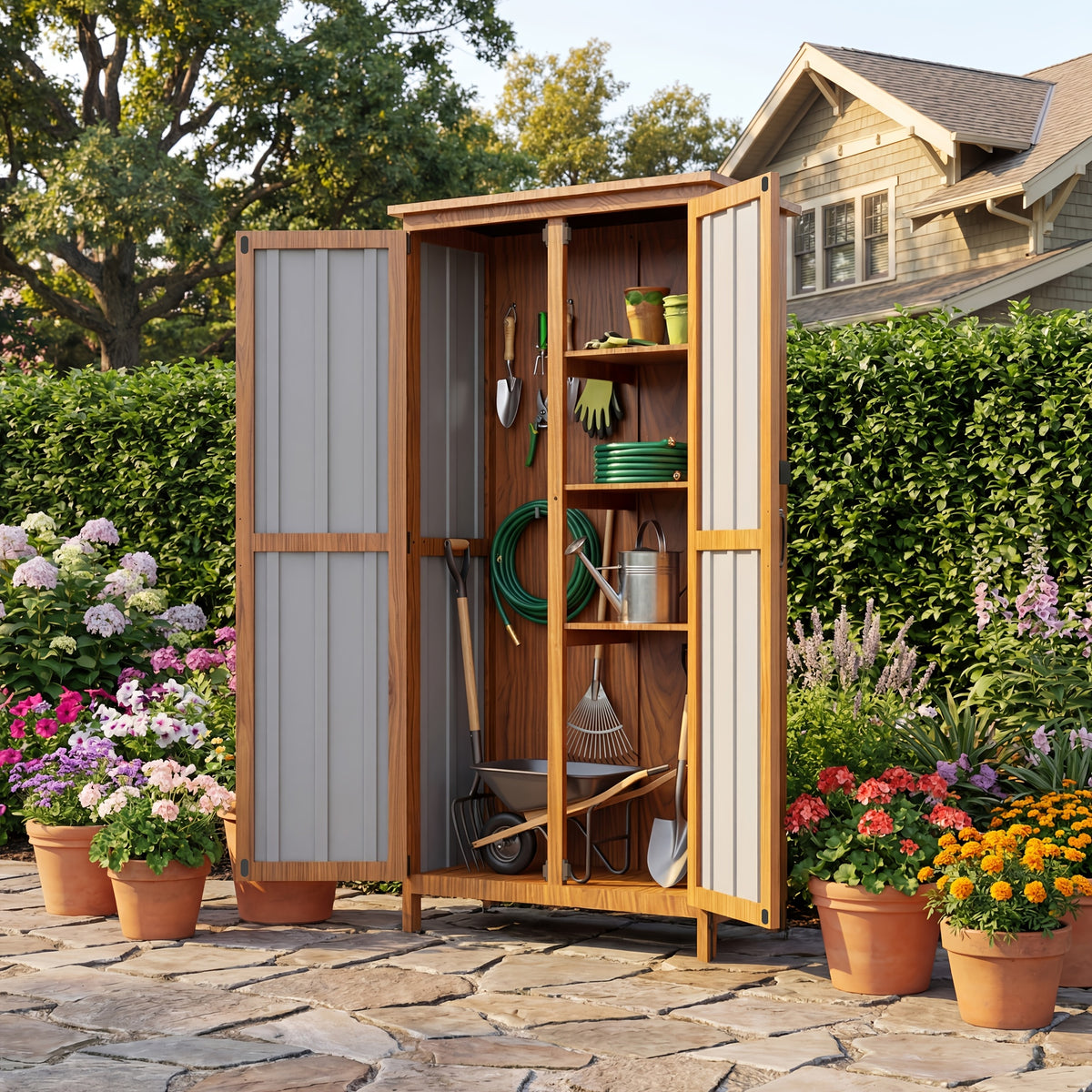 GUNJI 5 X 3 FT Plastic Outdoor Storage Shed, Resin Waterproof Cabinet With Stable Roof And Lockable Doors For Patio Furniture, Pool Accessories And Tools, Available In Four Sizes