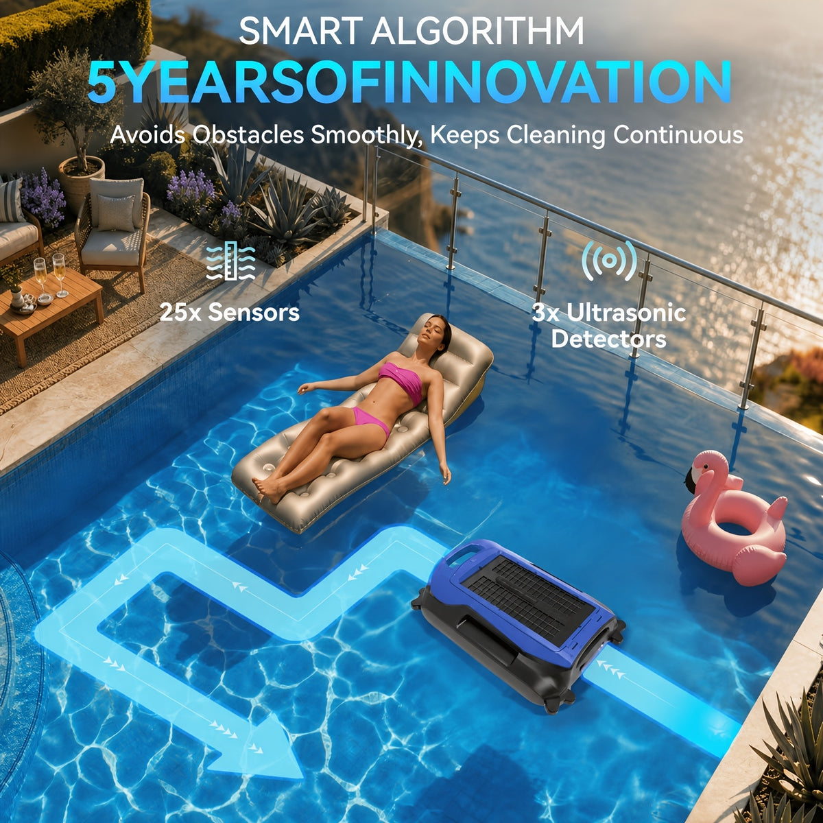 Solar Powered Pool Skimmer Robot 24/7 Continuous Working APP Control Intelligent Obstacle Avoidance Floating Surface Cleaner for Above Ground And Inground Pools