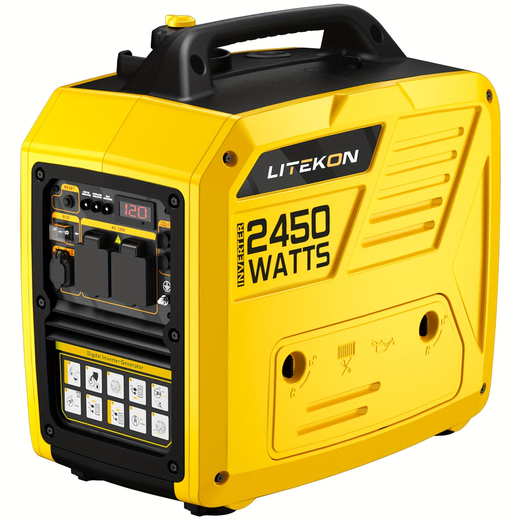 2450 Watt Inverter Generator, Quiet Gas Powered Generator, 1.6 Gallon Large Fuel Tank Fuel Capacity Up to 14 Hours, 120V AC Outlet, DC USB C Port, Parallel Ready, Metal Construction, Mobile Power Source, Robust Construction, Portable Generator