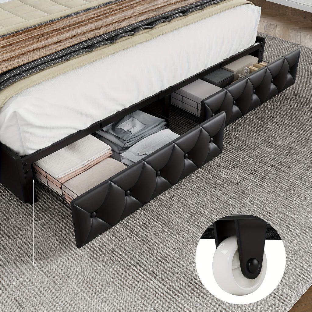 Full/Queen/King Size Modern Bed Frame with LED Headboard & 4 Storage Drawers - Upholstered Platform Bed, Button Tufted Headboard Suitable for Beige/White/Black - Assembly, No Box Spring Needed, Wood-Free