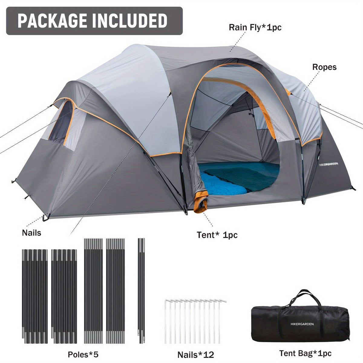 10 Person Camping Tent - Portable Easy Set Up Family Tent for Camp, Windproof Fabric Dome Tent Outdoor for Hiking, Backpacking, Traveling-14'x11'x74in(H)