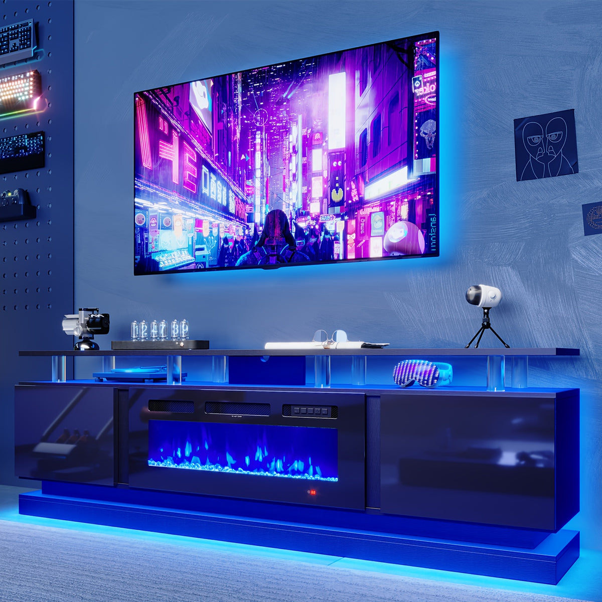 Fireplace TV Stand with 36" Fireplace, Modern High Gloss Fireplace Entertainment Center LED Lights, TV Console Cabinet for TVs Up to 80"