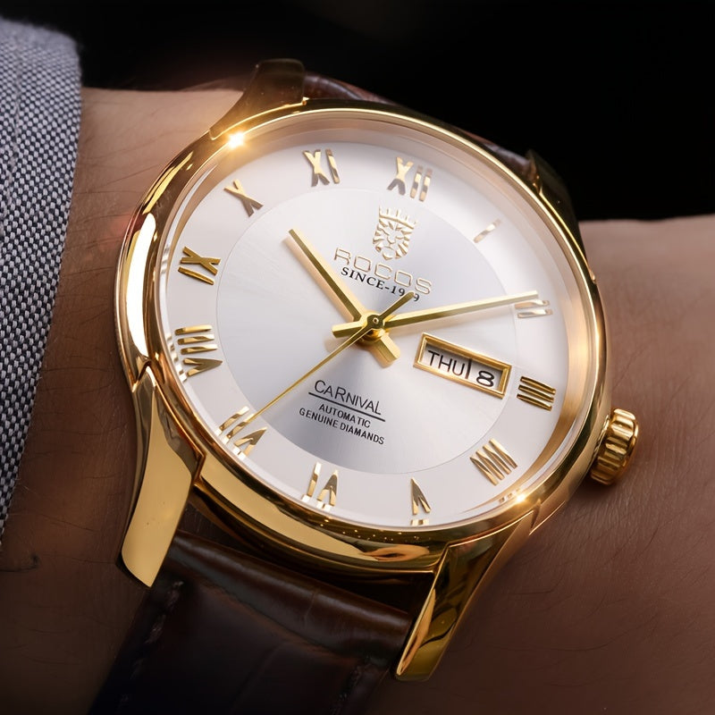 ROCOS Brand Luxury Golden Men's Watches High-end Business Simple Fashion Men's Watches Automatic Mechanical Watches Sun Pattern Brushed Dial Calfskin Strap Waterproof Men's Watches Week Calendar Display Gifts for Men