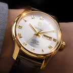 ROCOS Brand Luxury Golden Men's Watches High-end Business Simple Fashion Men's Watches Automatic Mechanical Watches Sun Pattern Brushed Dial Calfskin Strap Waterproof Men's Watches Week Calendar Display Gifts for Men