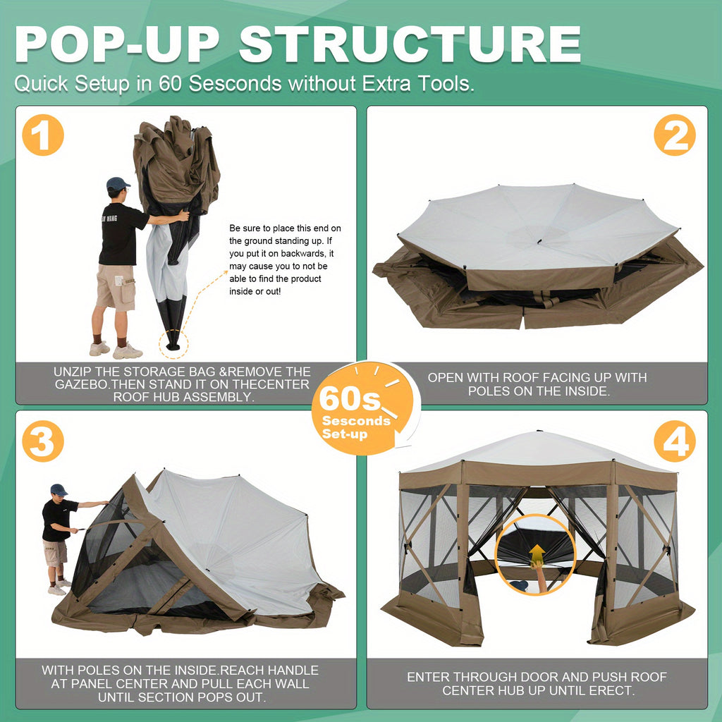 12X12Ft Pop-Up Canopy, Without Cloths, with Octagonal Mesh, One Person Can Quickly Build with a Handbag And Ground Pile, Suitable for Camping, Outdoor Activities
