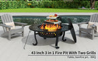 43 Inch Fire Pit with 2 Grills, Outdoor Wood Burning Firepit with Lid, Metal Round Table for Backyard Patio Garden Picnic Camping Bonfire