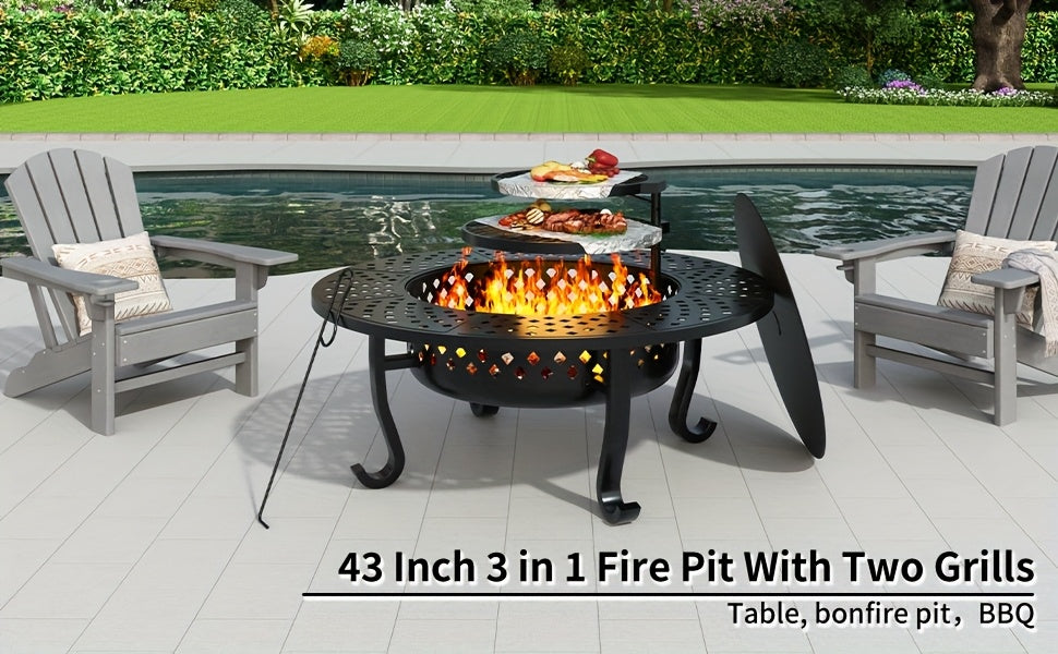 43 Inch Fire Pit with 2 Grills, Outdoor Wood Burning Firepit with Lid, Metal Round Table for Backyard Patio Garden Picnic Camping Bonfire