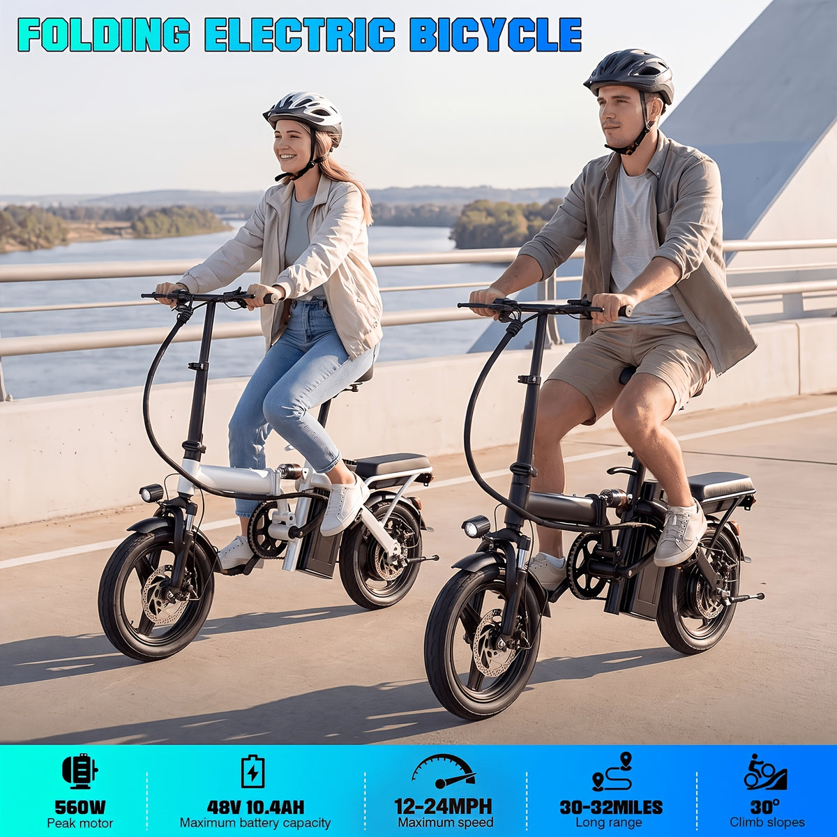 14-Inch Folding Electric Bike with 560W Peak Motor, Top Speed 12-24 MPH, Assist Range 30-32 Miles, Suitable for Adults And Teens, Portable Foldable Commuter E-Bike for Urban Riding, Ideal Gift Option
