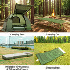MULTIGOT Outdoor Foldable Camping Tent Cot, 5-In-1 Elevated Camping Tent W/ Sleeping Bag, Air Mattress, Pillow, Sunshade, Portable Single Sleeping Cot W/ Carry Bag for Hiking, Travel, Picnic