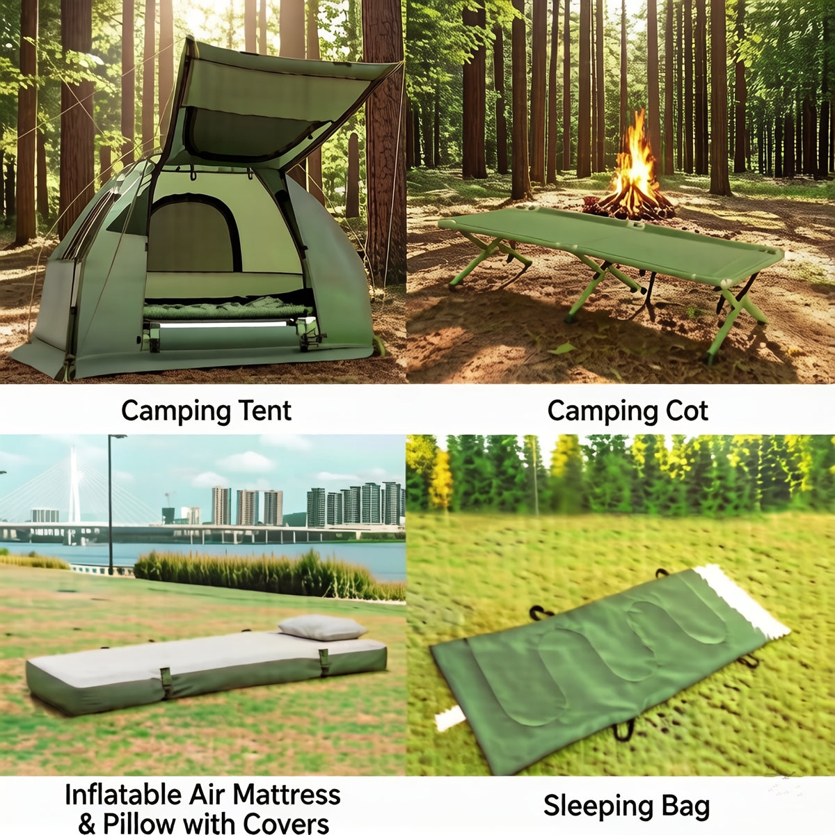 MULTIGOT Outdoor Foldable Camping Tent Cot, 5-In-1 Elevated Camping Tent W/ Sleeping Bag, Air Mattress, Pillow, Sunshade, Portable Single Sleeping Cot W/ Carry Bag for Hiking, Travel, Picnic