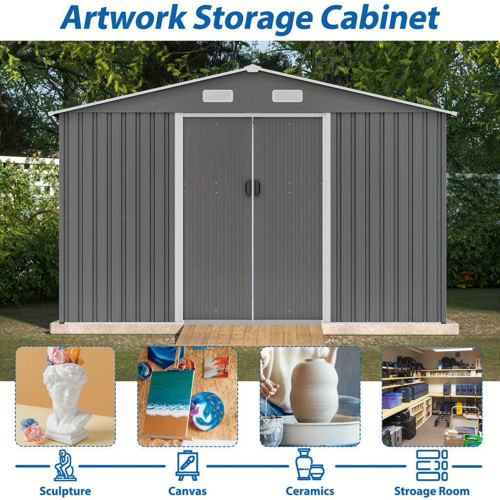 Outdoor Metal Storage Shed, 8' x 4' Gray Backyard Organizer with Lockable Door and Floor Frame