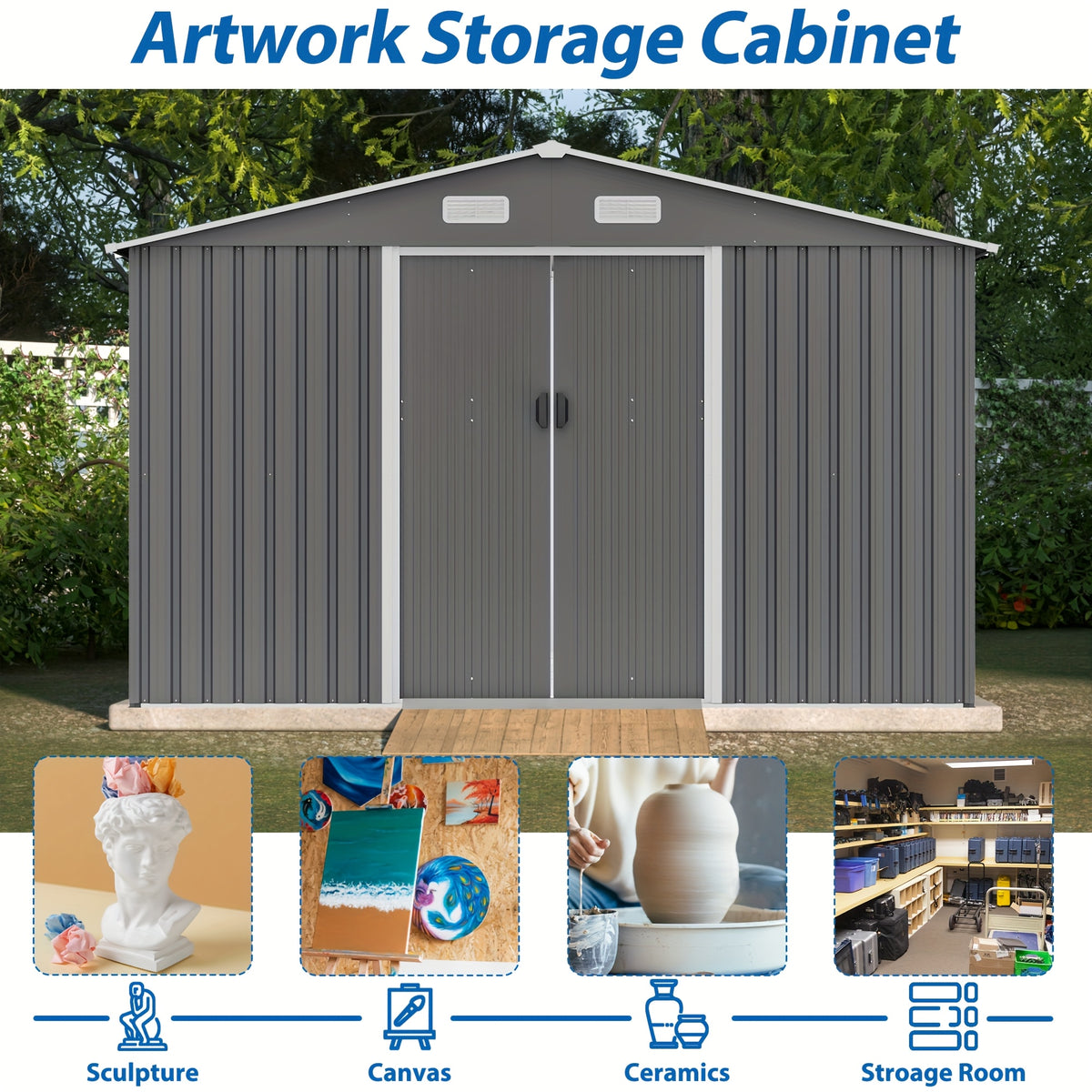 Outdoor Metal Storage Shed, 8' x 4' Gray Backyard Organizer with Lockable Door and Floor Frame