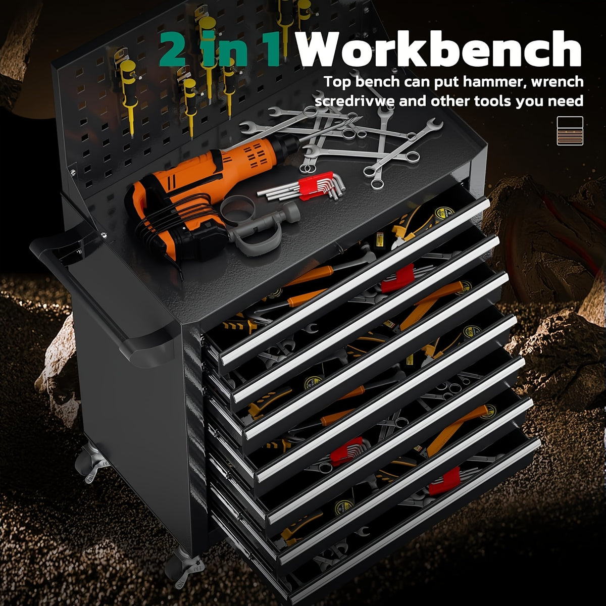 7-Drawer Metal Tool Chest, Rolling Tool Chest with Wheels, Tool Cabinet with Top Pegboard And Hooks, Metal Tool Cart with Handle for Garage, Workshop, Warehouse