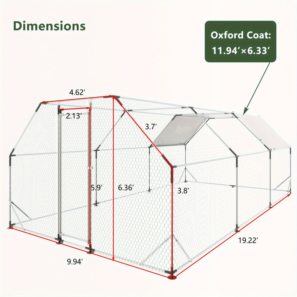 Large Metal Chicken Coop, Walk-in Chicken Run, Galvanized Wire Poultry Chicken Hen Pen Cage, Rabbits Duck Cages With Waterproof And Anti-Ultraviolet Cover For Outside(10' L X 20' W X 6.56' H), Without Battery