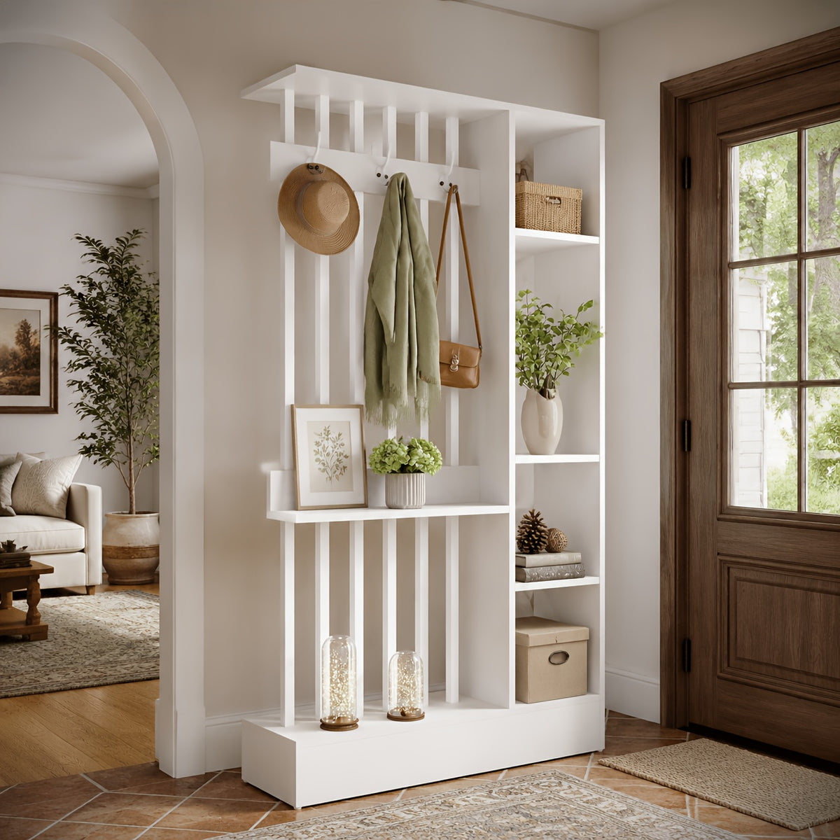 71' Wood Freestanding Room Divider, Wall Partition Bookcase with Shelves & Coat Hooks, Modern Decorative Screen for Home & Office, Brown