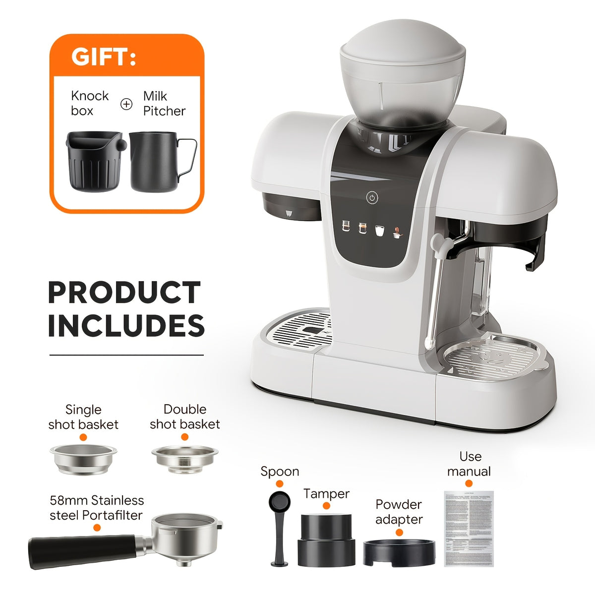 [Italian Espresso Machine] 19Bar Italian Espresso Machine Featuring a Conical Burr Grinder, a Steam Wand for Frothing Milk, 0.8L Water Reservoir, And a Dual Boiler Heating System, Capable of Preparing Cappuccinos, Lattes, Iced Coffee, And Americanos
