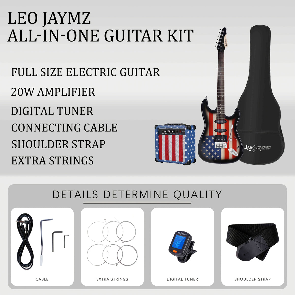 Leo Jaymz 39 Inch Full Size Electric Guitar Kit Electric Guitar Beginner Kits - 20W Amplifier, Digital Tuner, Carring Bag, Shoulder Strap, Connecting Cable