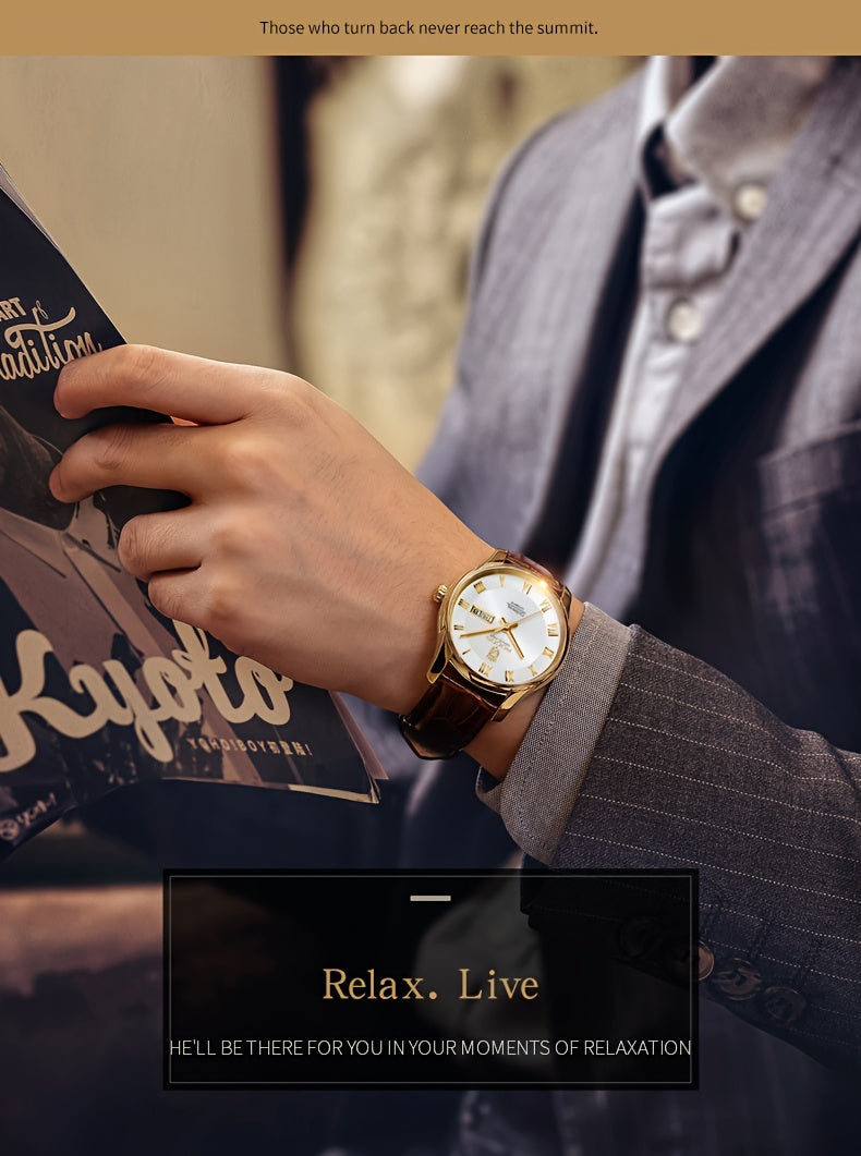 ROCOS Brand Luxury Golden Men's Watches High-end Business Simple Fashion Men's Watches Automatic Mechanical Watches Sun Pattern Brushed Dial Calfskin Strap Waterproof Men's Watches Week Calendar Display Gifts for Men