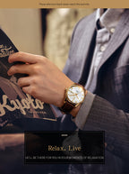 ROCOS Brand Luxury Golden Men's Watches High-end Business Simple Fashion Men's Watches Automatic Mechanical Watches Sun Pattern Brushed Dial Calfskin Strap Waterproof Men's Watches Week Calendar Display Gifts for Men