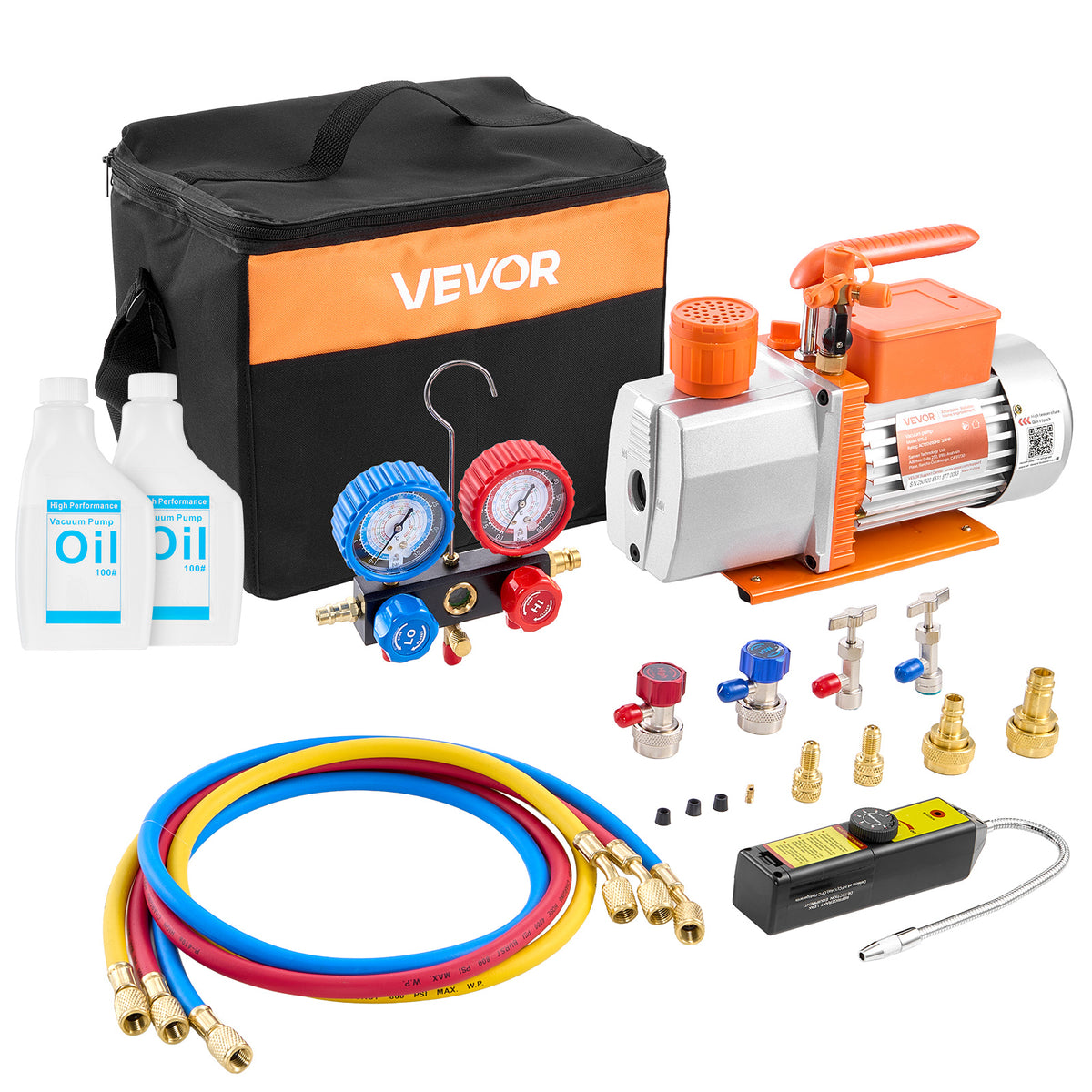 VEVOR AC Vacuum Pump and Gauge Set, 7 CFM 3/4 HP, Two Stage Rotary Vane HVAC Vacuum Pump, A/C Manifold Gauge Kit, for R22 R410a, with Leak Detector Carry Bag Hose, for Auto HVAC Air Conditioning