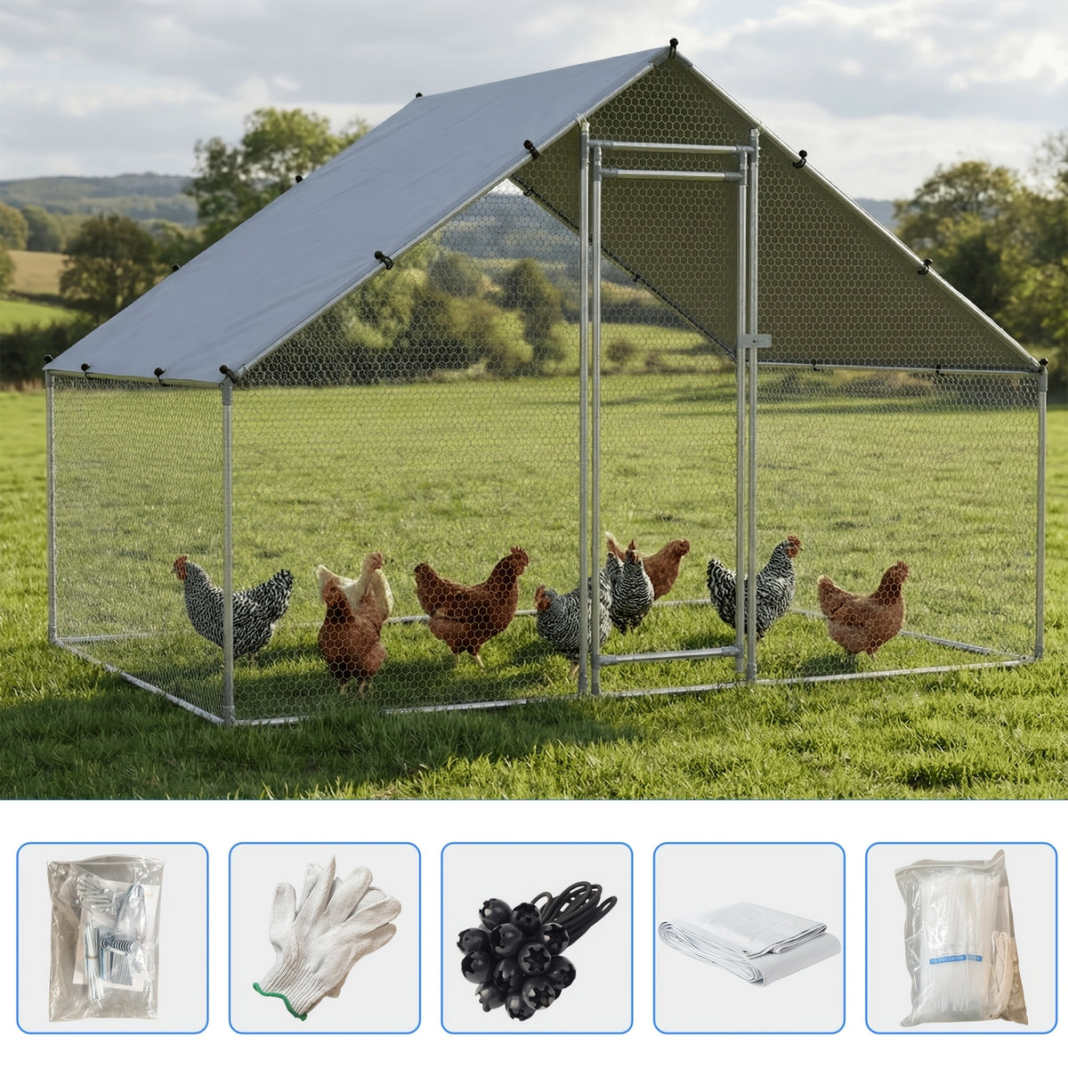 Large Spire Metal Chicken Coop, Waterproof And UV Resistant, Suitable For Outdoor Patio Farms To Raise Poultry Chickens, Ducks And Rabbits, Without Battery
