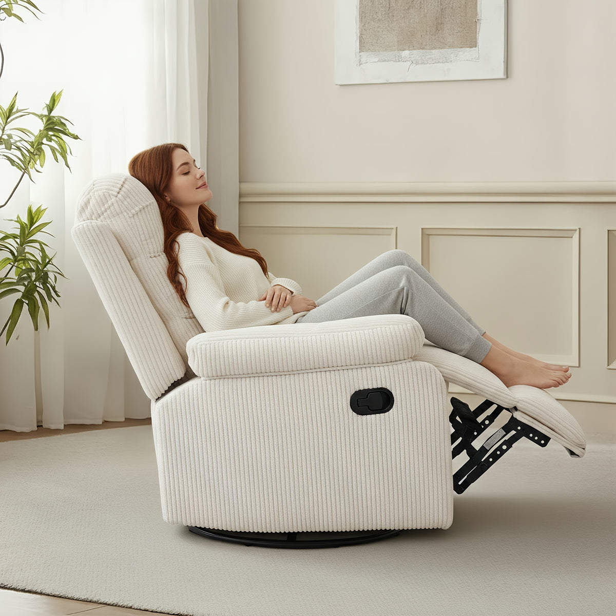 Corduroy Swivel Rocking Recliner Chair, Manually Adjustable Single-person Lounge Sofa with Padded Seat and Backrest, Ergonomically Designed Casual Armchair Suitable for Daily Relaxation in Living Rooms, Bedrooms, and Home Theaters