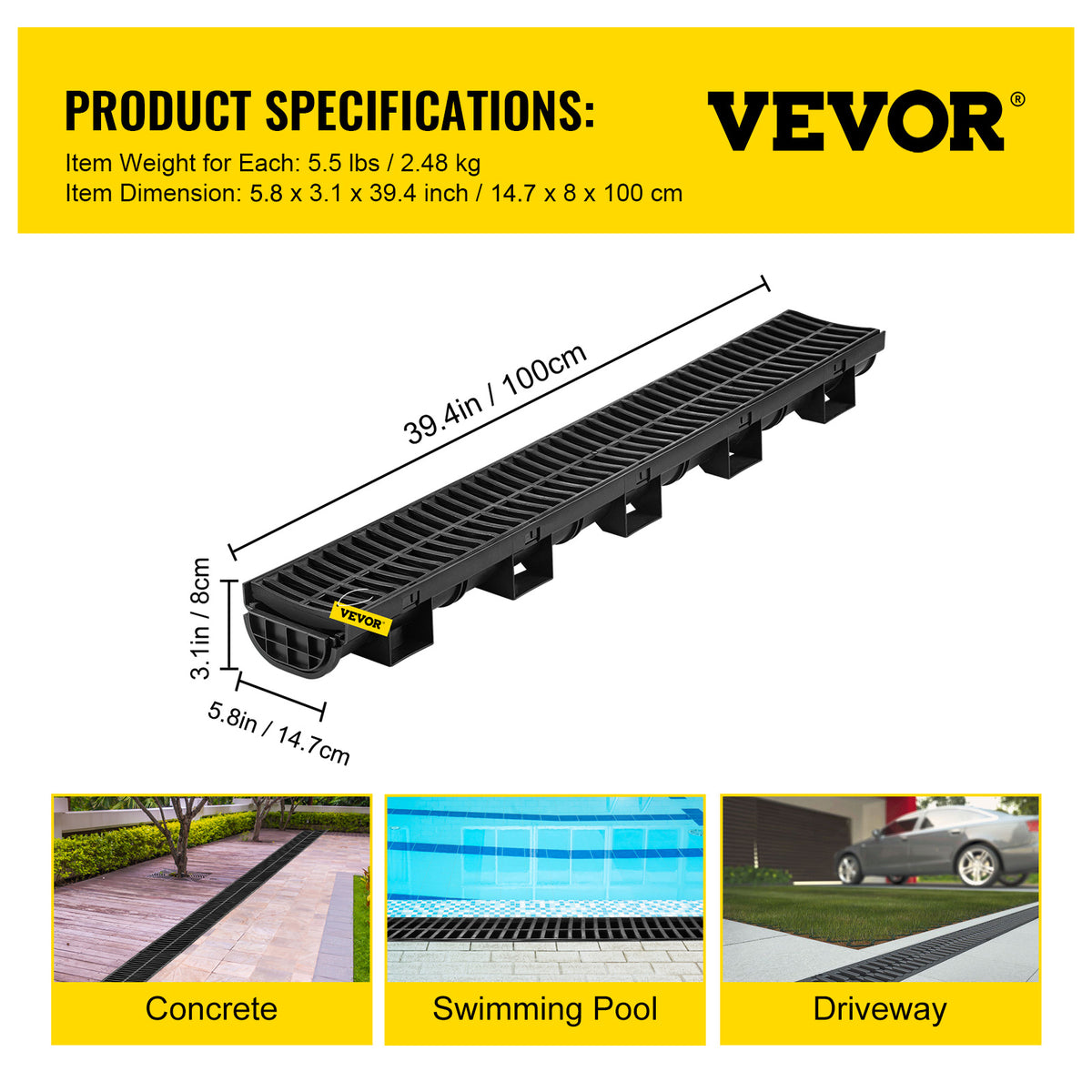 Trench Drain System by VEVOR, 6-Piece Interlocking Channel Drain for Driveways and Garages