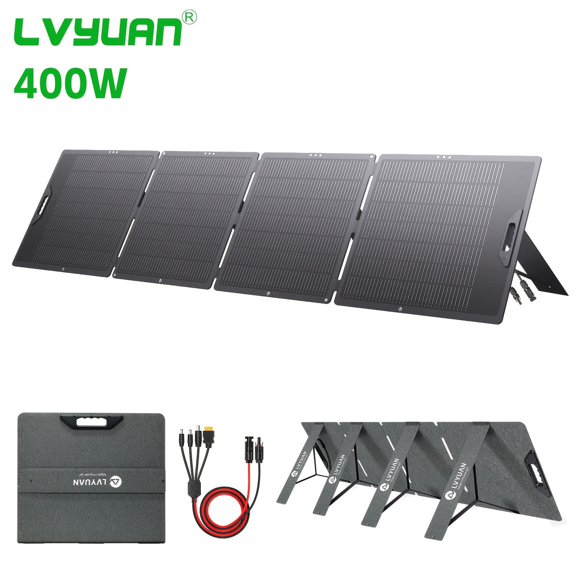 LVYUAN New Portable Solar Panel 200W/400W for Power Station, 23% Efficiency Mono Foldable Solar Charger with 4 Kickstands And 3M Cable (MC4 to DC5521/DC5525/DC7909/XT60 Connectors) for Camping RV Home Backup, Without Battery