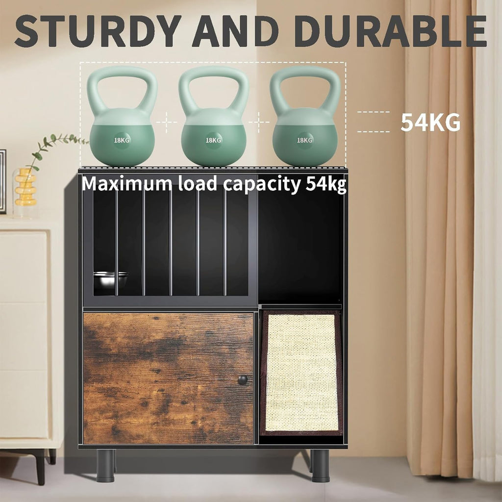 Dog-Proof Wood Cat Feeding Station with Lockable Storage And 2 Removable Stainless Steel Bowls - Anti-Spill Cat Condo with Scratching Board for Indoor Multi-Pet Homes