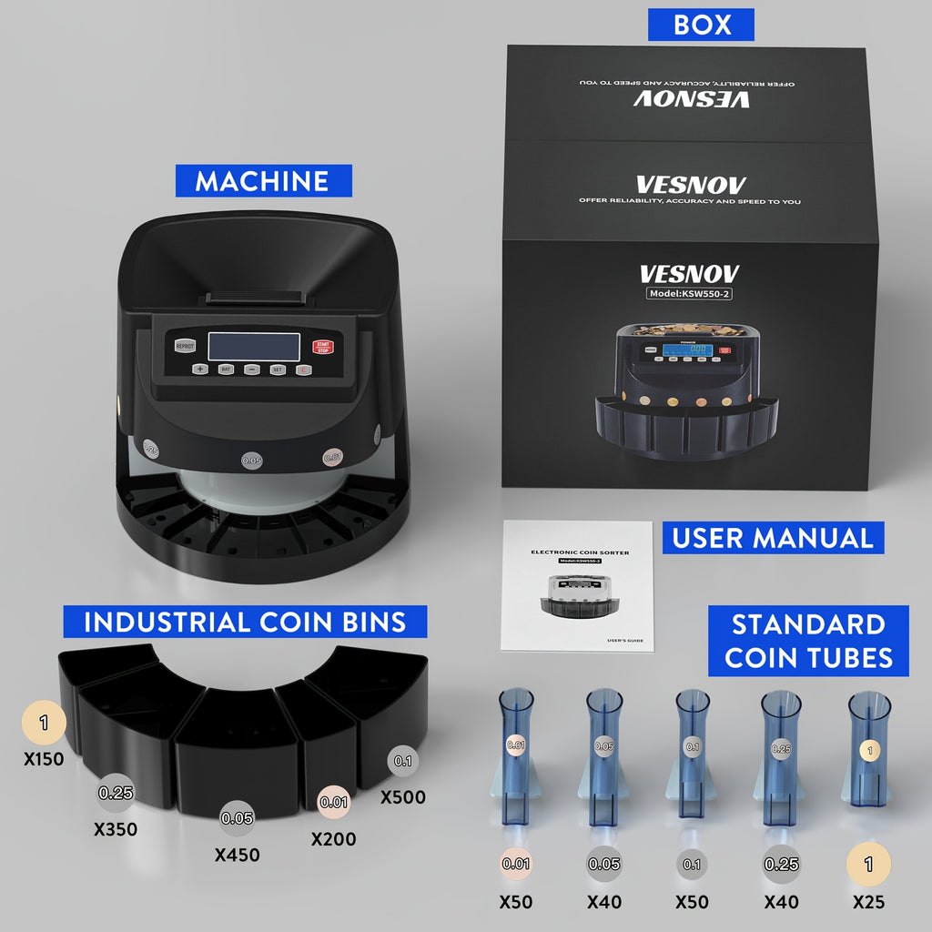 Coin Counter Machine Sorter, Change and Wrapper Roller Counting Organizer, Sorts up to 300 Coins Per Minute, Automatically Sorts and Batches, Office Supplies