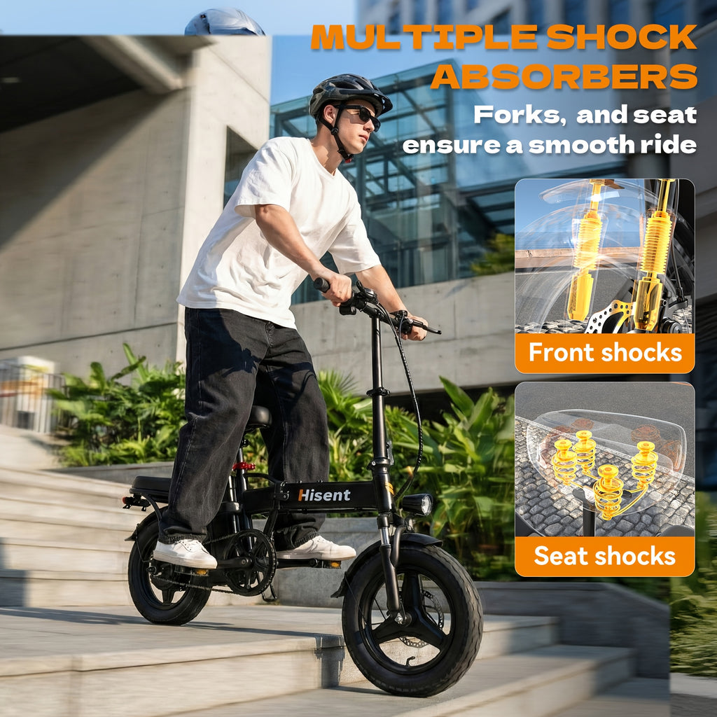 Hisent G11&F9 Folding Electric Bike | Dual Suspension System | Upgraded Frame | 12-35 Miles Range (Optional) | Features Dual Seat, LED Headlight, Disc Brakes, 14-Inch Tires, 500W High-Power Motor, Top Speed Of 19.9 Mph