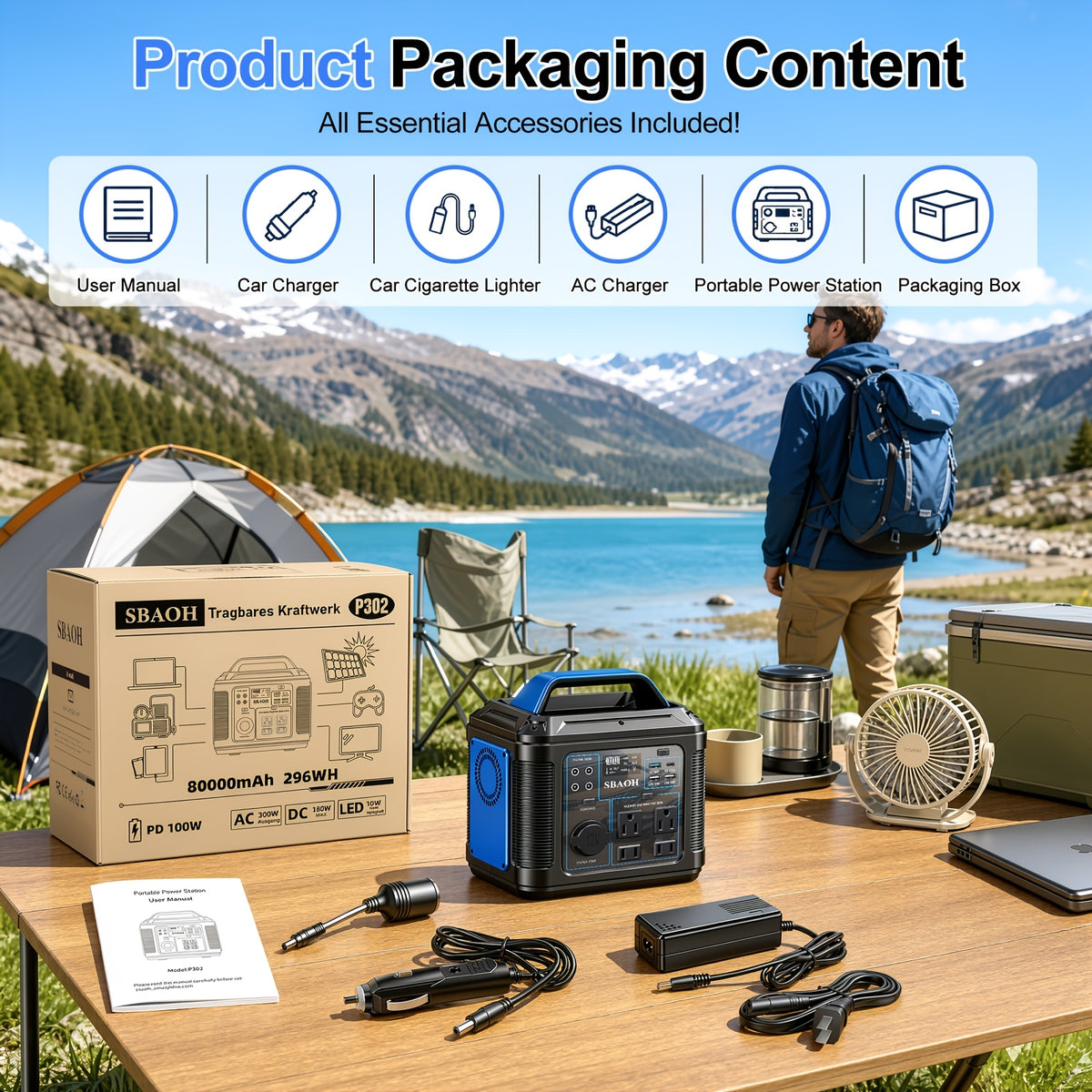 SBAOH Portable Power Station, 300W 296Wh/ 150W 155Wh Power Supply 110V AC Outlet/Fast Charging/Dc Port And LED Flashlight for Family Outdoor Travel Camping Emergency Power Outage, Orange
