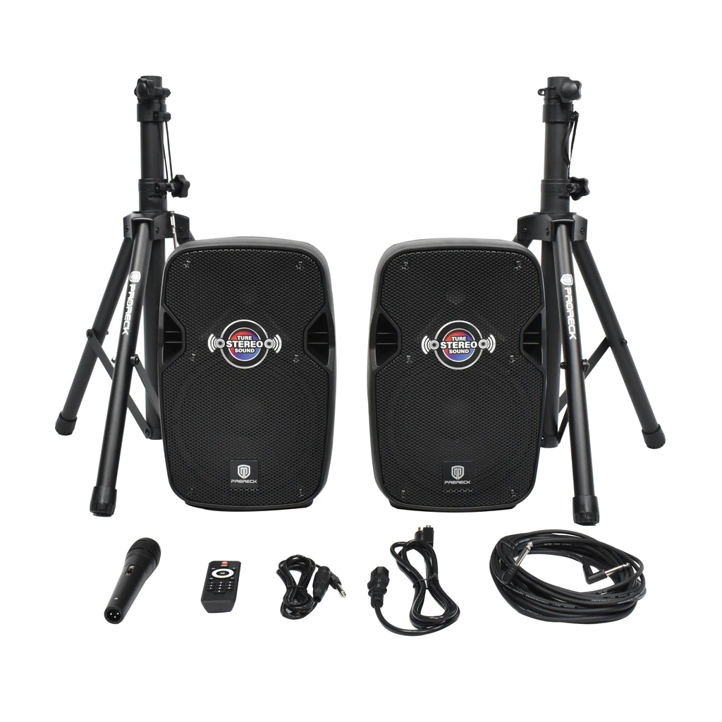 900W P.M.P.O. True Stereo Powered Wireless PA Speaker System with Active and Passive Loudspeakers, Wired Microphone, Stands, Remote, MP3/USB/SD/AUX Inputs