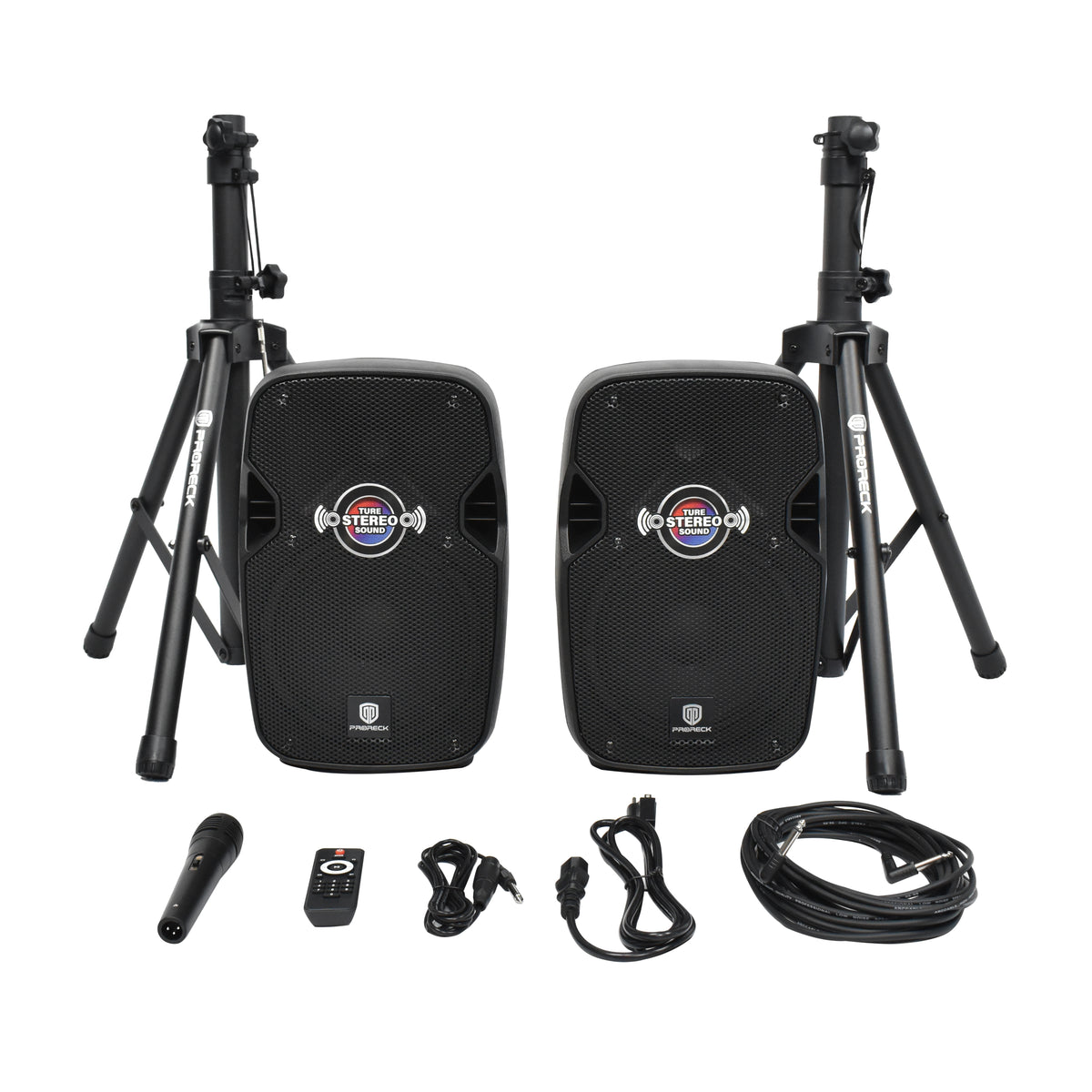 900W P.M.P.O. True Stereo Powered Wireless PA Speaker System with Active and Passive Loudspeakers, Wired Microphone, Stands, Remote, MP3/USB/SD/AUX Inputs