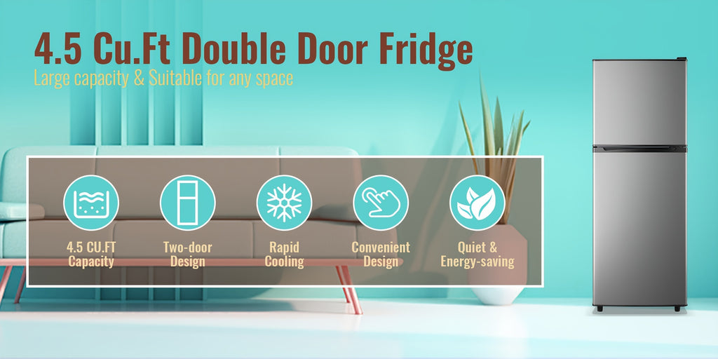 WANAI Double Door Small Refrigerator with Freezer, 3.5/4.5/5.0 Cu.Ft Small Fridge with 7 Level Adjustable Thermostat & Removable Shelves, Mini Refrigerator for Kitchen Apartment And Office, Silvery