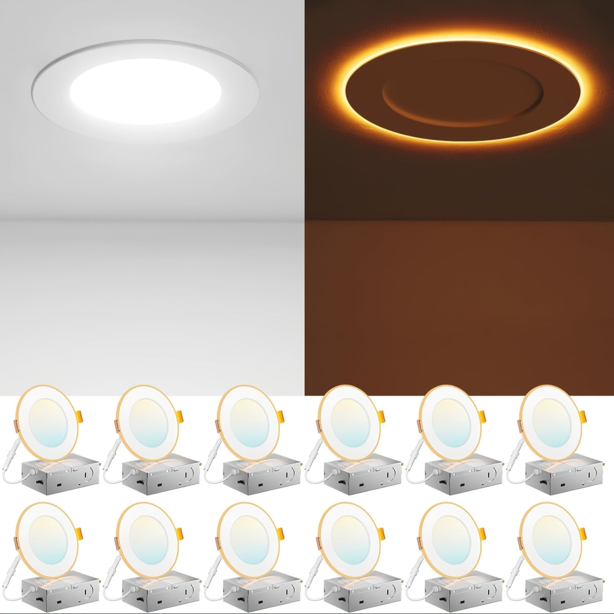 12/6 Pack 4/6 Inch 5CCT LED Recessed Ceiling Light with Night Light, 2700K/3000K/3500K/4000K/5000K Selectable Ultra-Thin Lighting, 12W=110W, 1100LM, Dimmable Canless Wafer Downlight