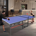 8 Ft Folding Rolling Table Tennis Table Regulation Ping Pong Table with 2 Paddles 2 Balls 1 Net And Post Set Fold-Up Design 4 Wheels for Easy Movement, BLUE