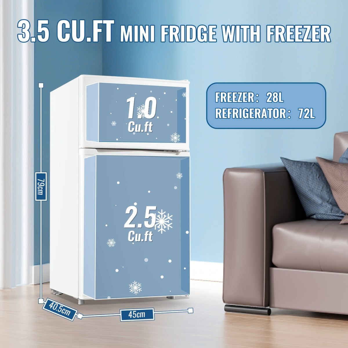 3.5/2.5 Cu.ft Small Fridge With Freezer 2-Door Compact Refrigerator 7-Level Adjustable Thermostat, Removable Shelves And Bakset, Perfect For Dorm, Office, RV, Bedroom, White