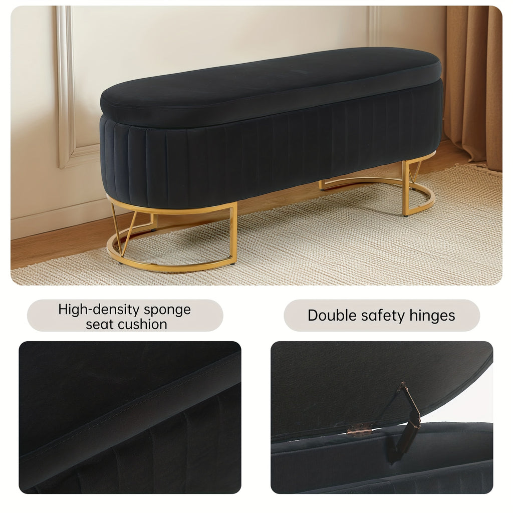 Modern 46”/46.5” (depending on orientation) Oval Velvet Storage Bench with Hinged-Lid Mechanism & Flip-Top Lid - Plush Upholstered Ottoman for End of Bed, Entryway, Living Room - Wood Frame & Luxury Design, Space-Saving Furniture (Standalone)