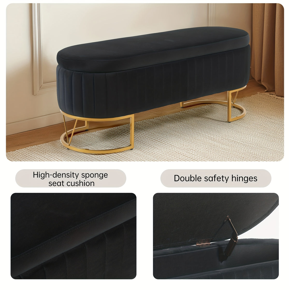 Modern 46”/46.5” (depending on orientation) Oval Velvet Storage Bench with Hinged-Lid Mechanism & Flip-Top Lid - Plush Upholstered Ottoman for End of Bed, Entryway, Living Room - Wood Frame & Luxury Design, Space-Saving Furniture (Standalone)